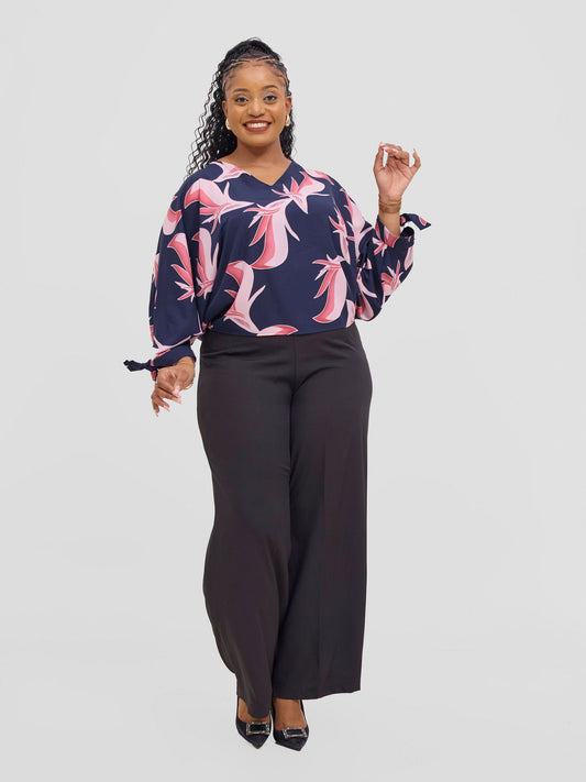 Vivo Sanali Batwing Tie Top -  Navy Blush Pink Print