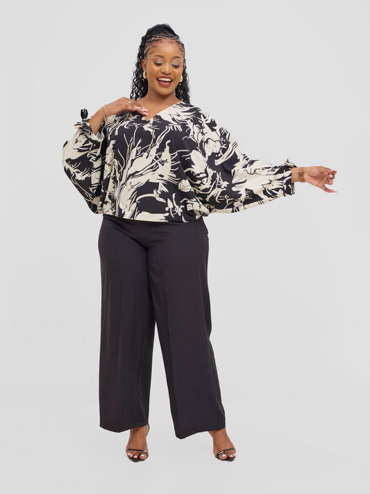 Vivo Sanali Batwing Tie Top - Offwhite / Black Print