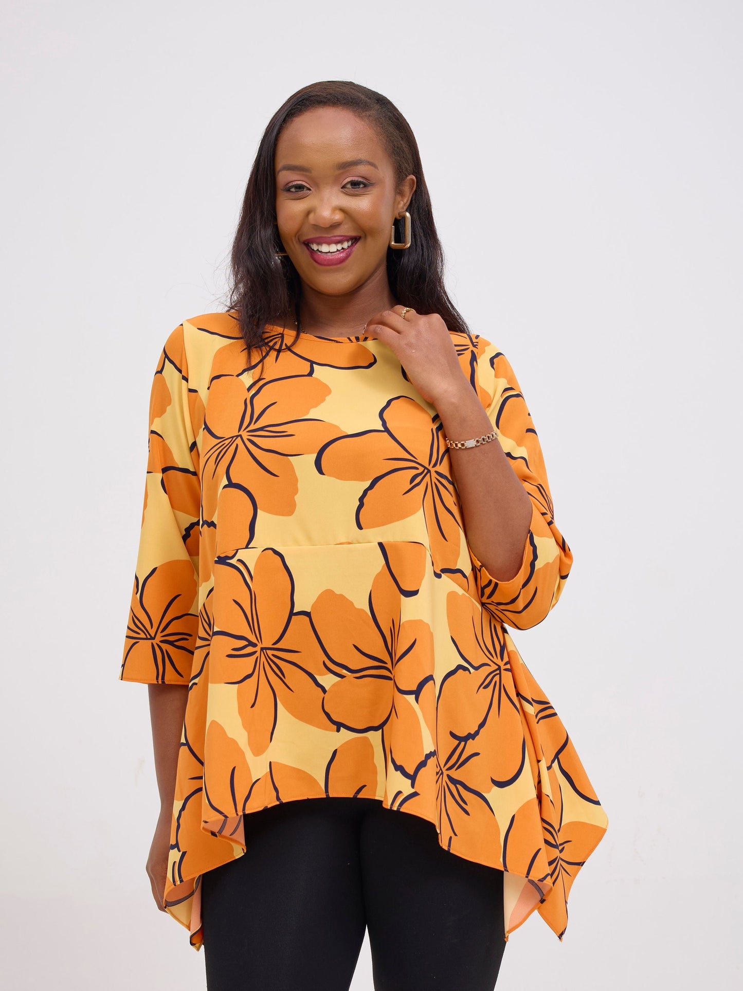 Vivo Soleil Handkerchief Drape Wide Top - Orange / Yellow Print