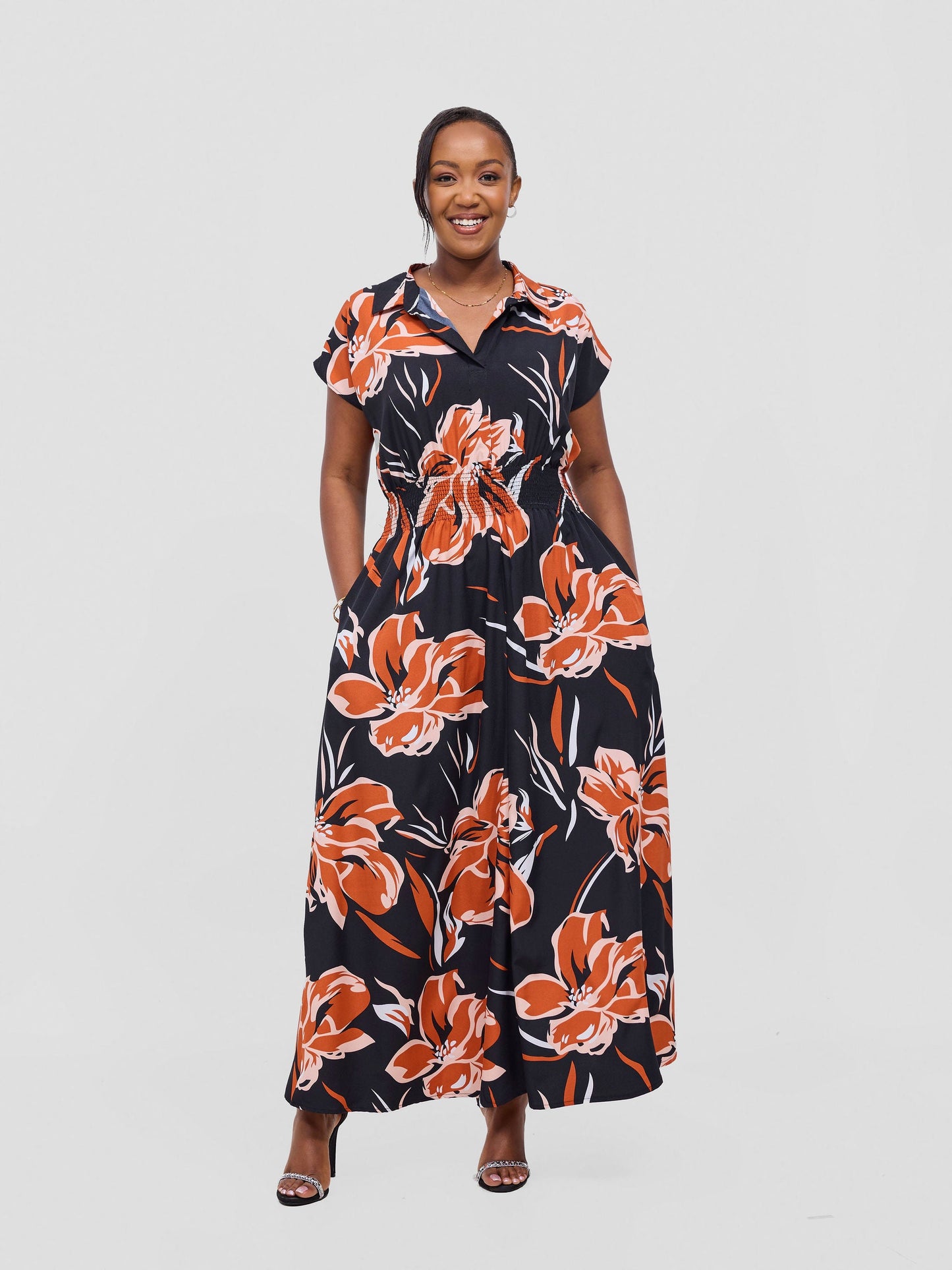 Vivo Zena Shirred Waist Maxi Shirt Dress - Rust Jazah Print