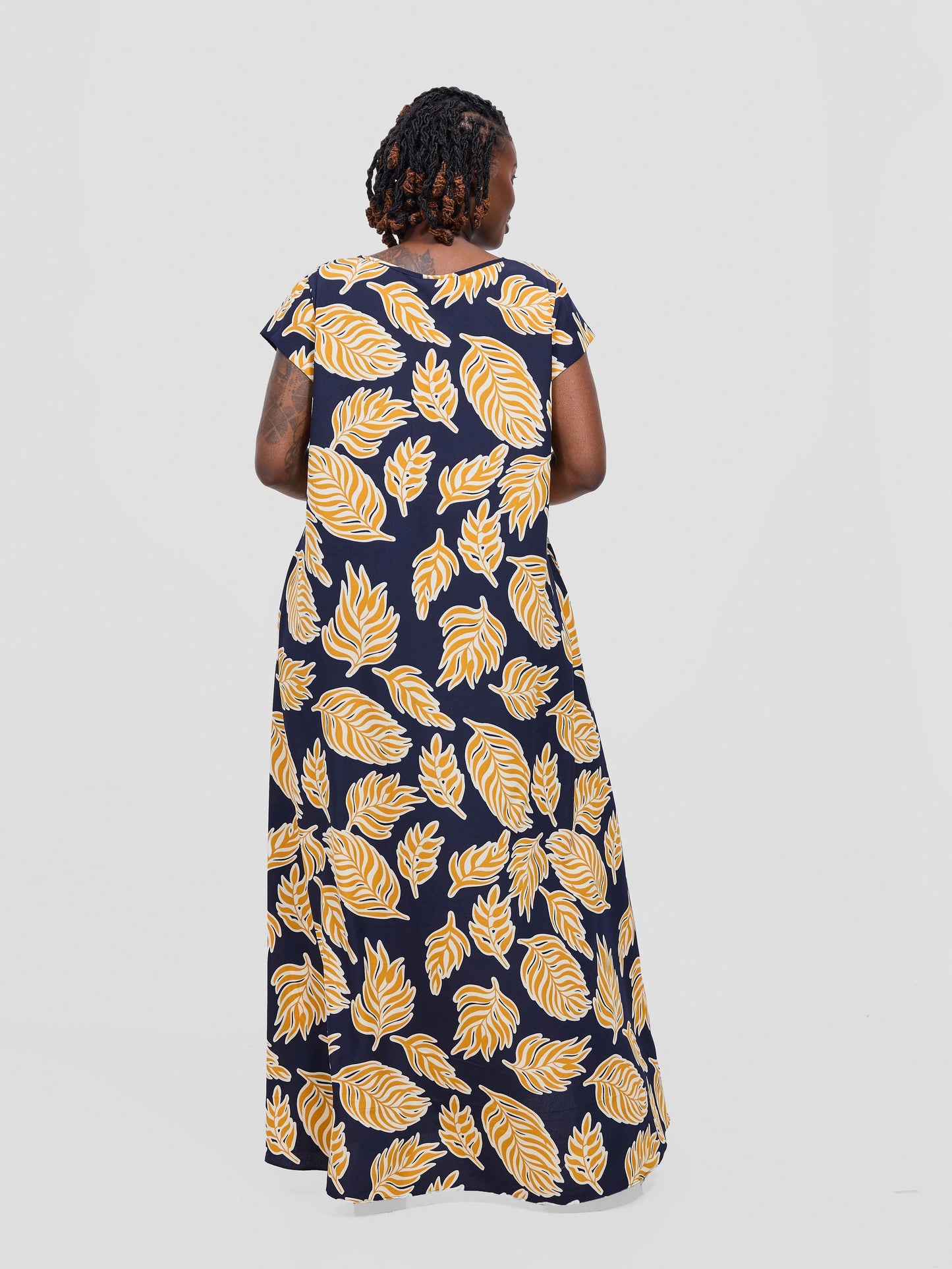 Vivo Sakari Cap Sleeve Maxi Dress - Dark Navy / Mustard Print