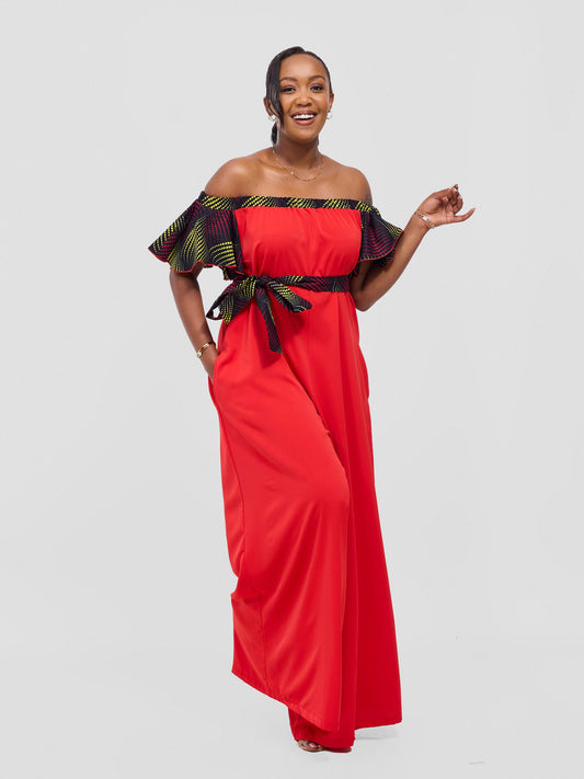 Vivo Fara Off Shoulder Flounce Sleeve Jumpsuit - Red