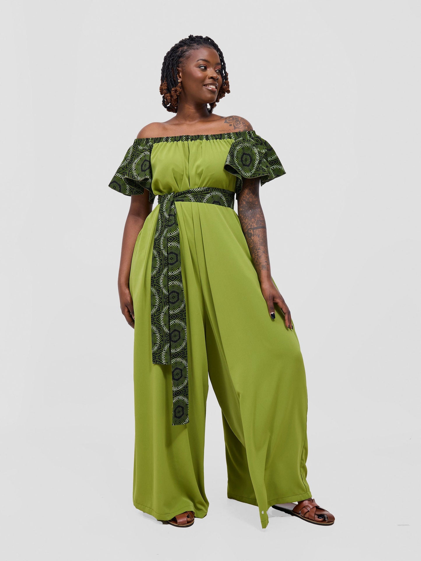 Vivo Fara Off Shoulder Flounce Sleeve Jumpsuit - Olive