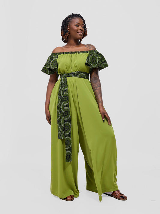 Vivo Fara Off Shoulder Flounce Sleeve Jumpsuit - Olive
