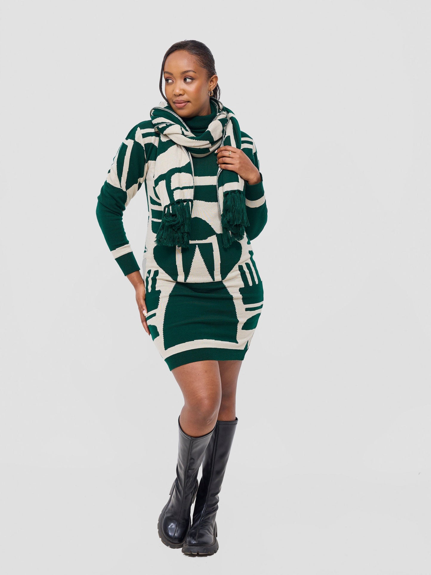 Vivo Lalani Turtleneck Sweater Dress - Light Emerald Green / Ivory Samba Print