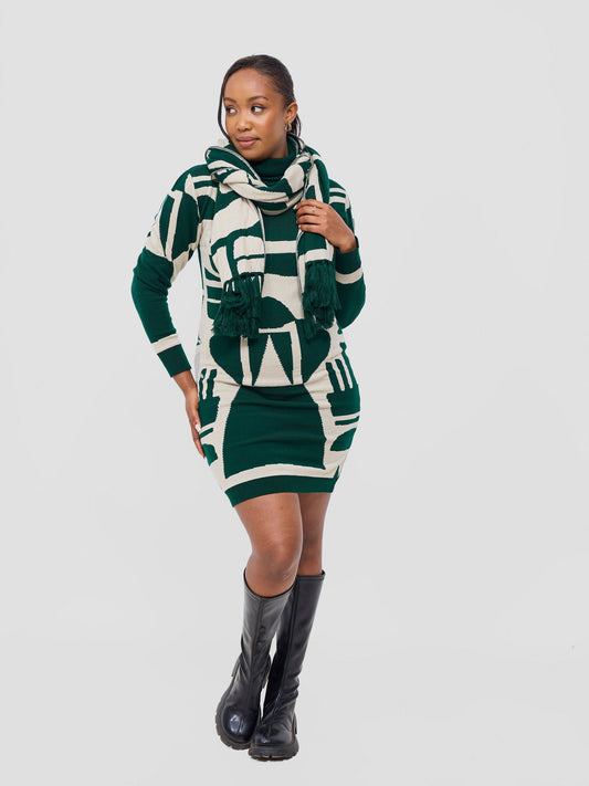 Vivo Lalani Turtleneck Sweater Dress - Light Emerald Green / Ivory Samba Print