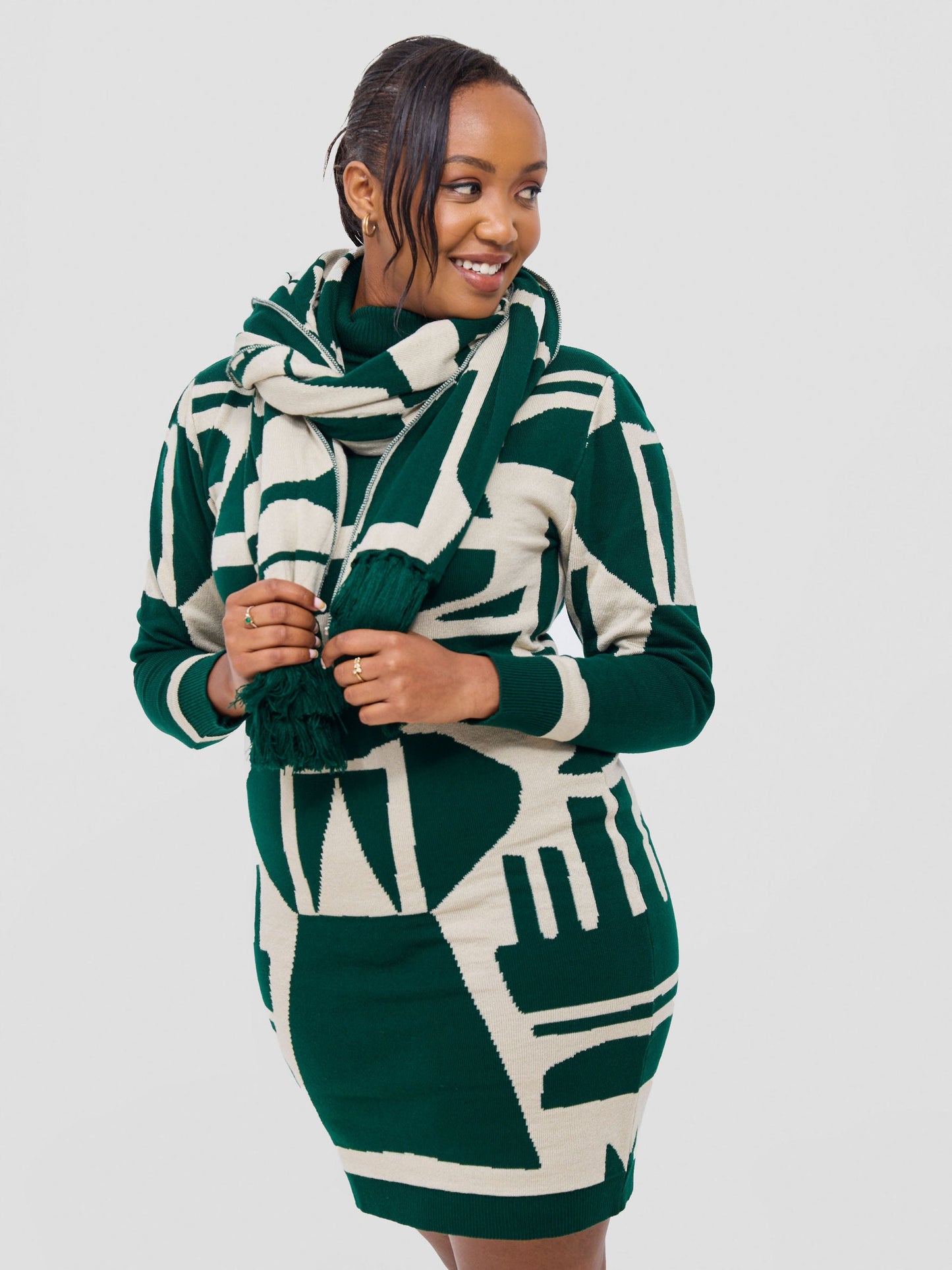 Vivo Lalani Turtleneck Sweater Dress - Light Emerald Green / Ivory Samba Print