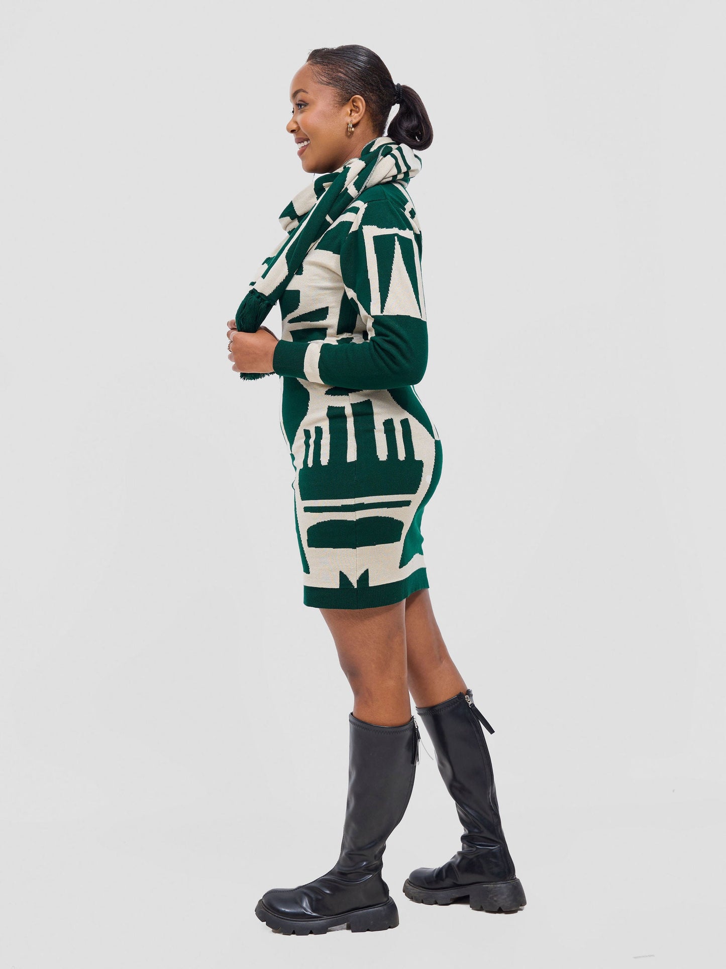 Vivo Lalani Turtleneck Sweater Dress - Light Emerald Green / Ivory Samba Print