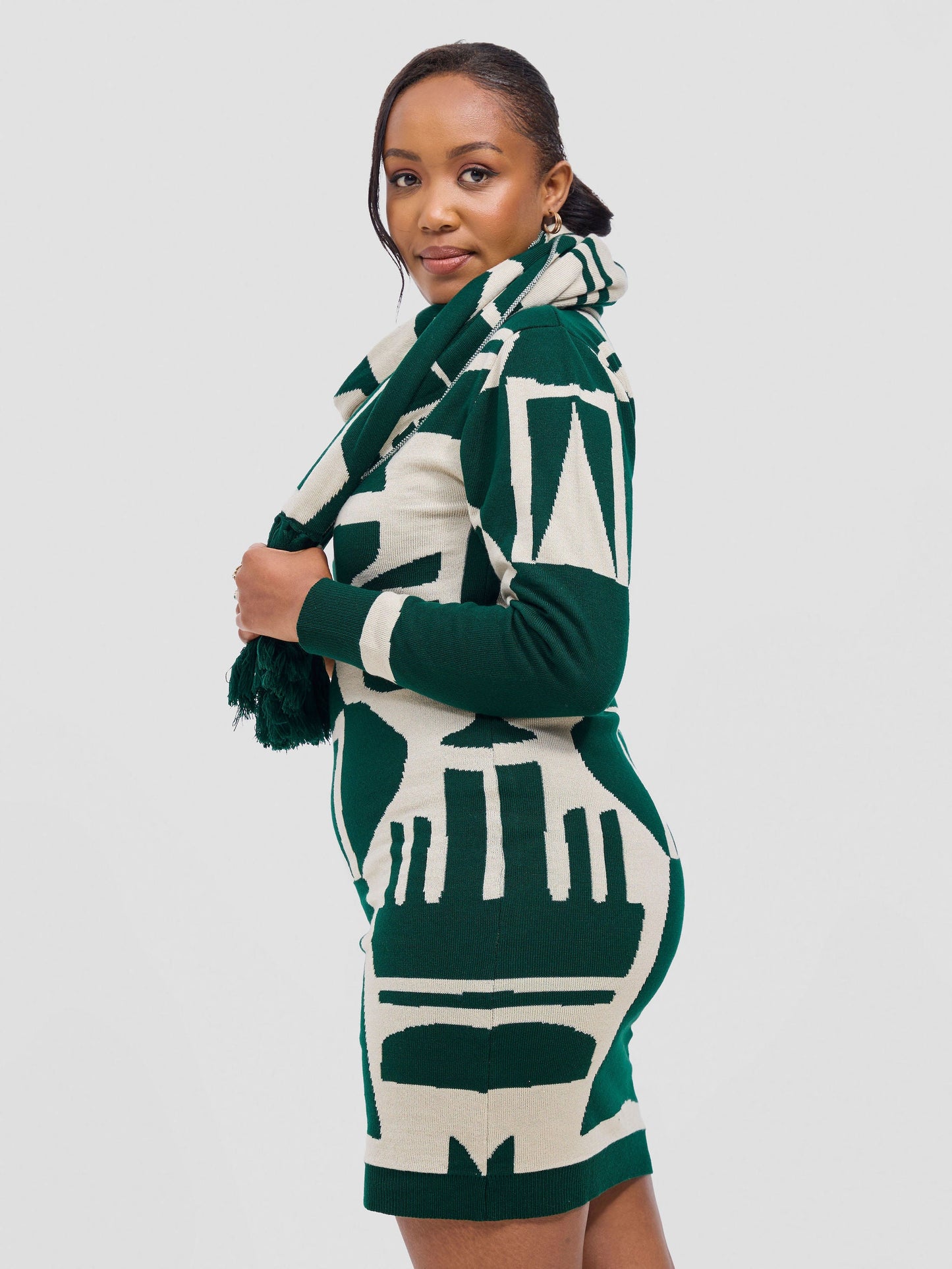 Vivo Lalani Turtleneck Sweater Dress - Light Emerald Green / Ivory Samba Print