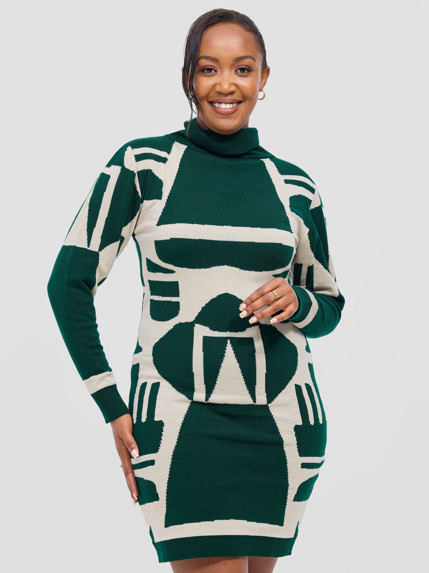 Vivo Lalani Turtleneck Sweater Dress - Light Emerald Green / Ivory Samba Print