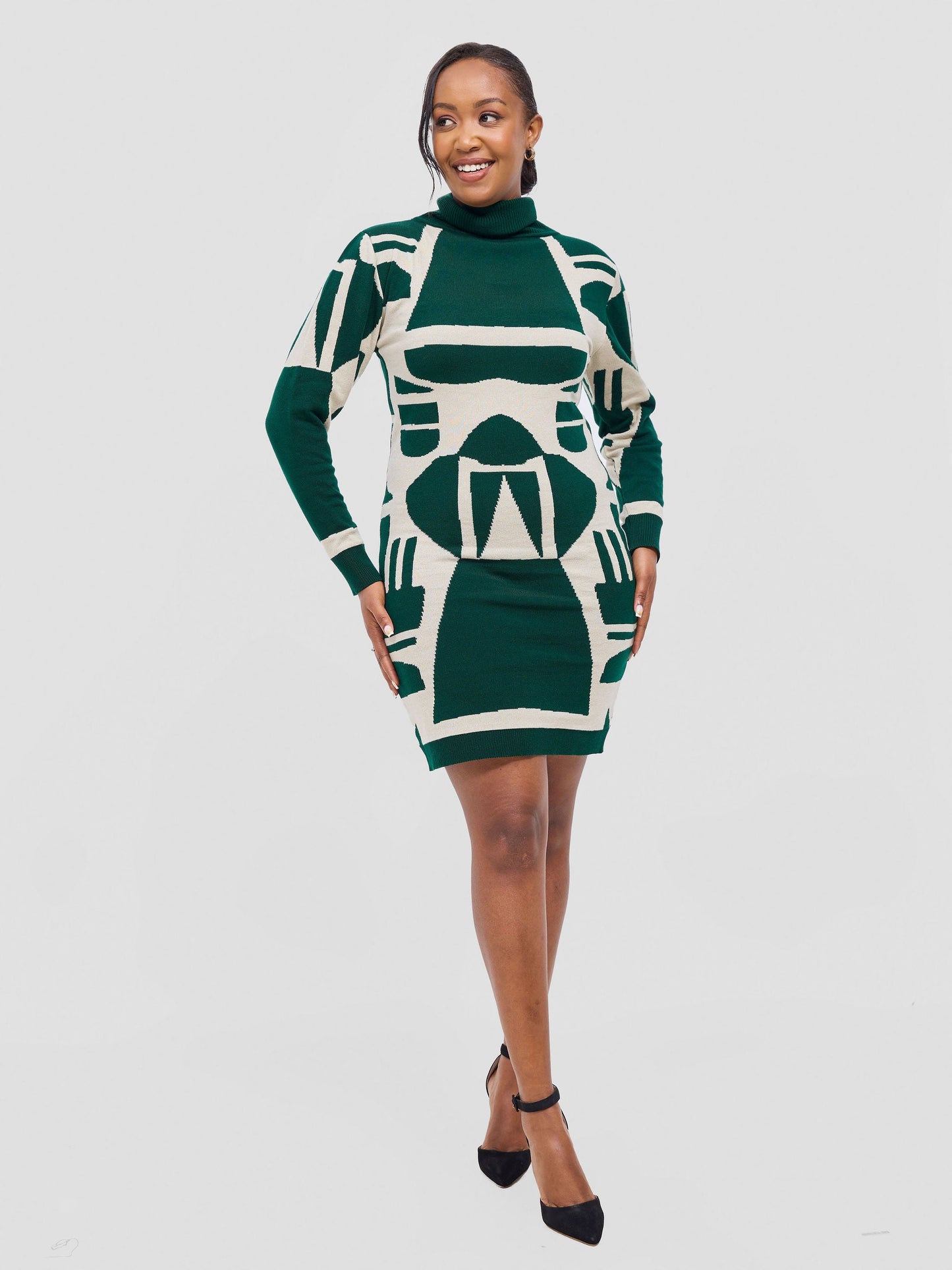 Vivo Lalani Turtleneck Sweater Dress - Light Emerald Green / Ivory Samba Print