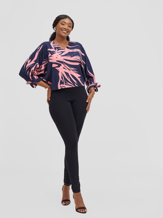 Vivo Sanali Batwing Tie Top - Pink / Navy Print