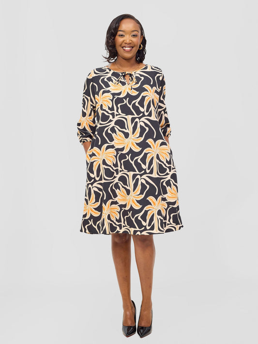 Vivo Nala 3/4 Sleeve Tent Dress - Black / Rust Ala Print