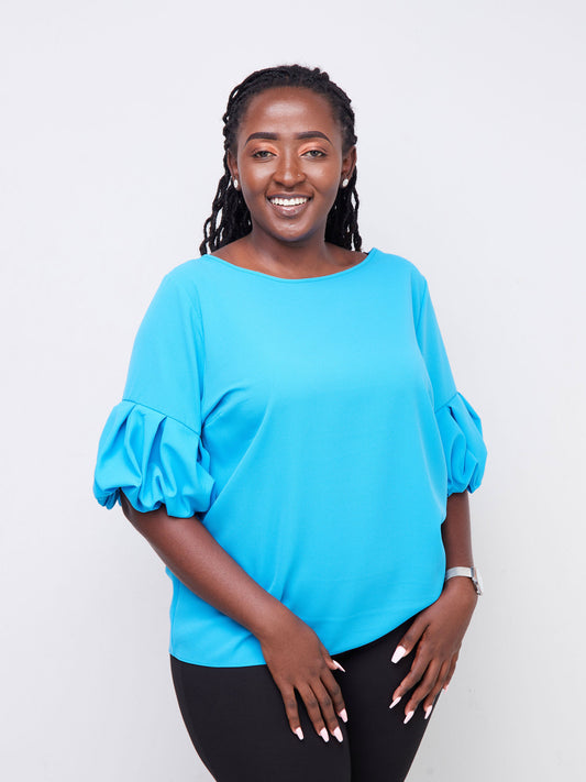 Vivo Basic Boundneck Puff Sleeve Top - Blue