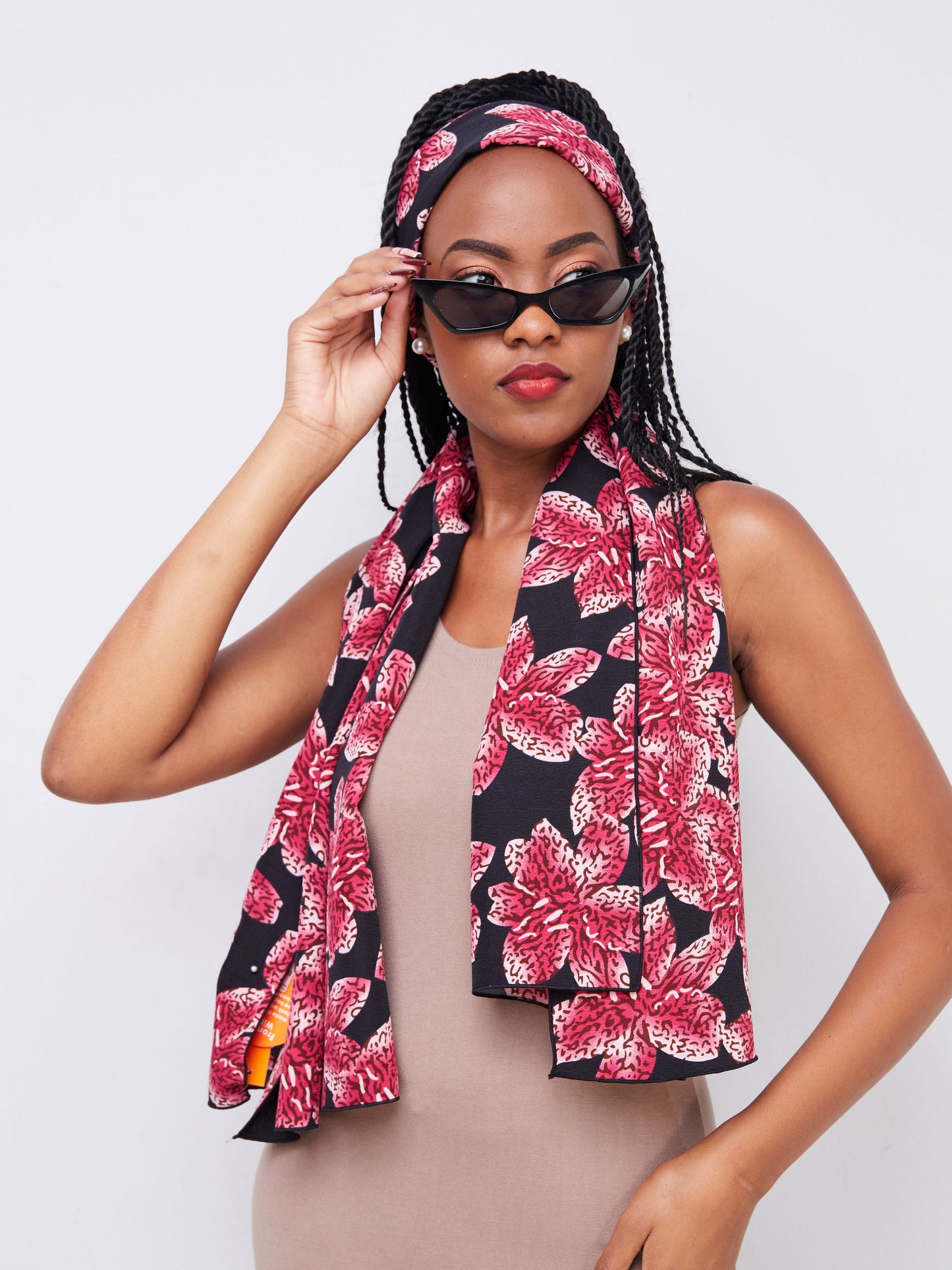 Vivo Basic Crepe Scarf - Black / Pink Floral Print