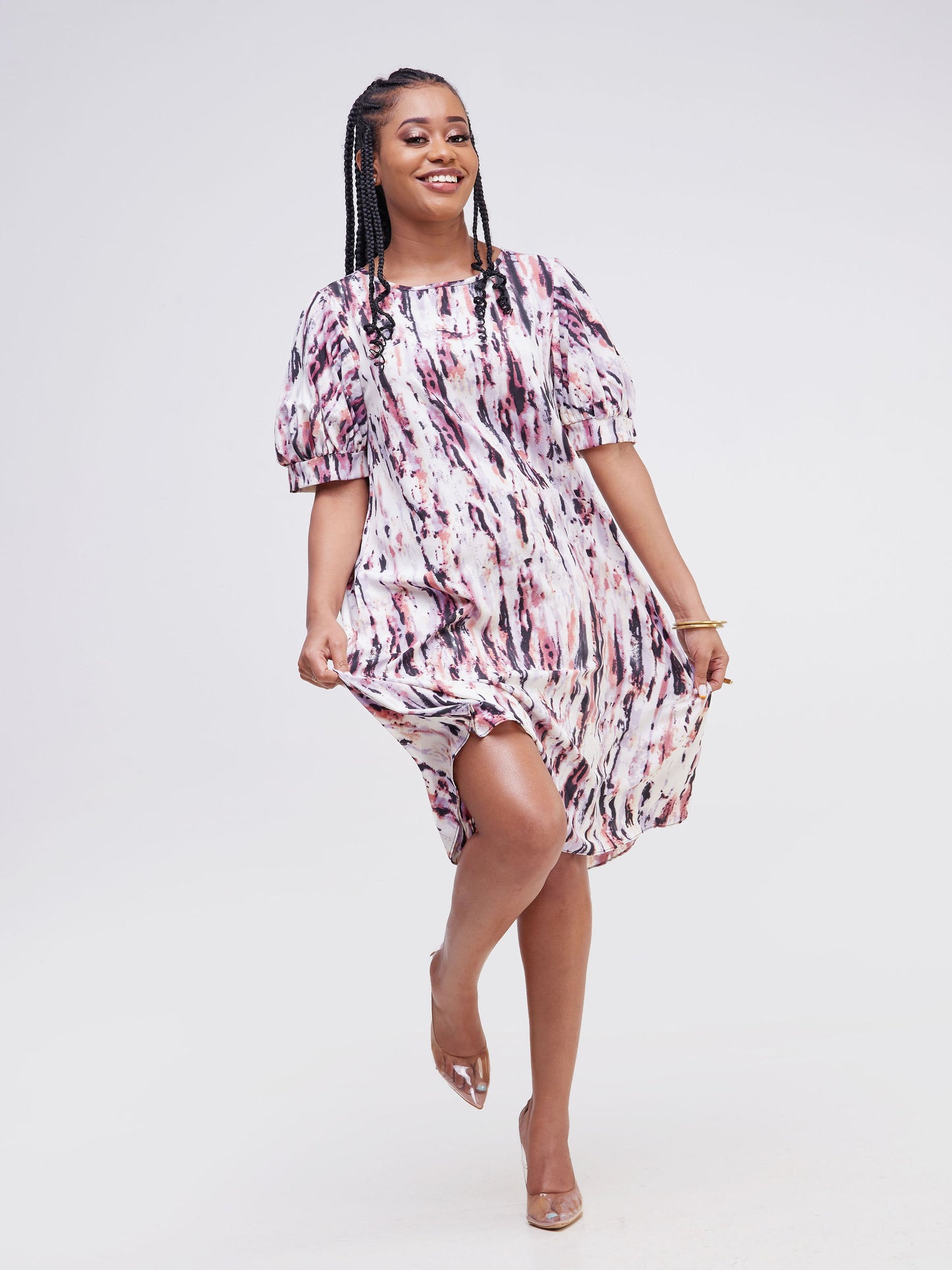 Vivo Wingu Puff Sleeve Knee Length Dress - Brown / Light Purple Animal Print