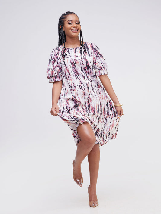 Vivo Wingu Puff Sleeve Knee Length Dress - Brown / Light Purple Animal Print