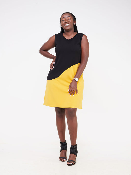 Vivo Nasara Sleeveless Color Block A Line Dress - Black / Mustard Color Block