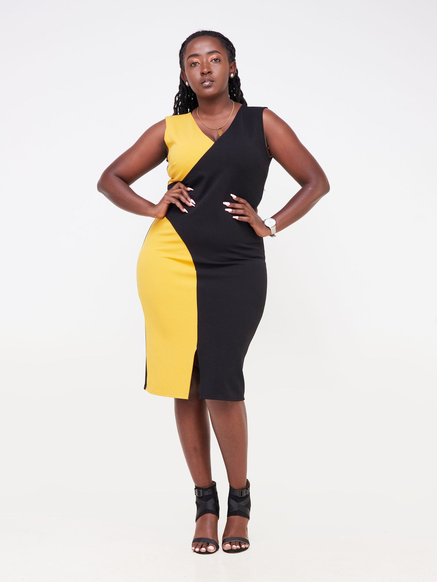 Vivo Nasara Sleeveless Color Block Sheath Dress - Black / Mustard Color Block