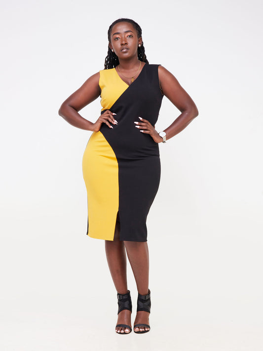 Vivo Nasara Sleeveless Color Block Sheath Dress - Black / Mustard Color Block
