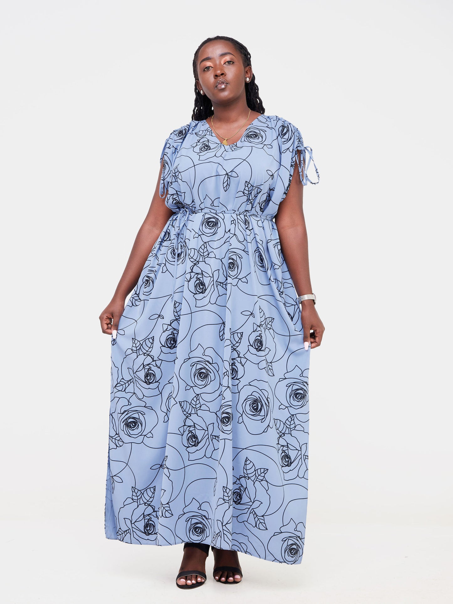 Vivo Dali Drawstring Shoulder Maxi Dress - Light Blue / Black Rose Abstract Print