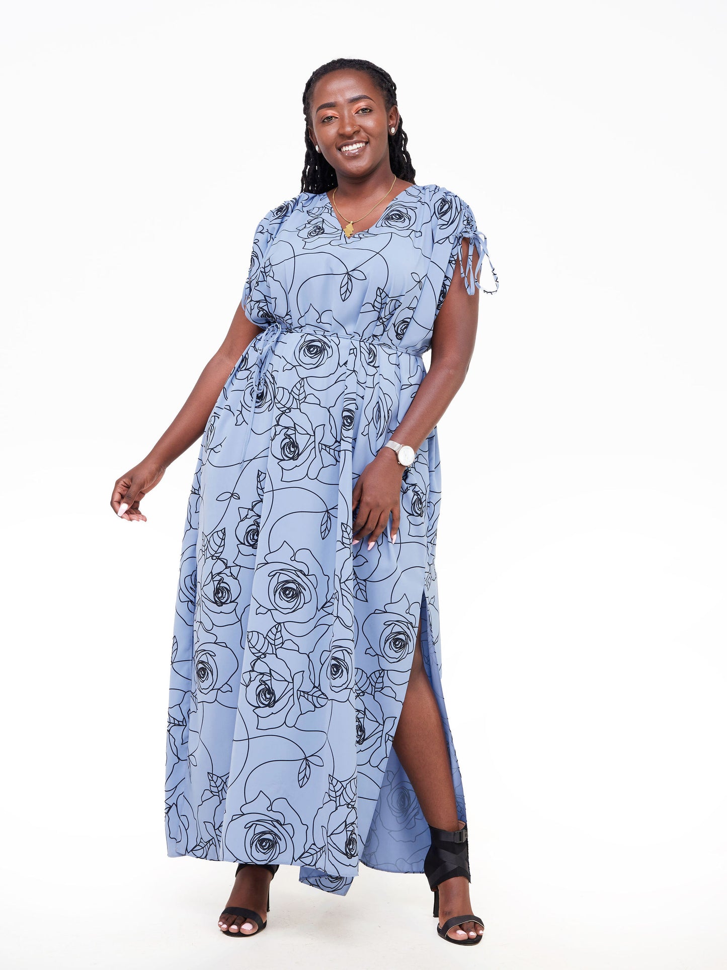 Vivo Dali Drawstring Shoulder Maxi Dress - Light Blue / Black Rose Abstract Print