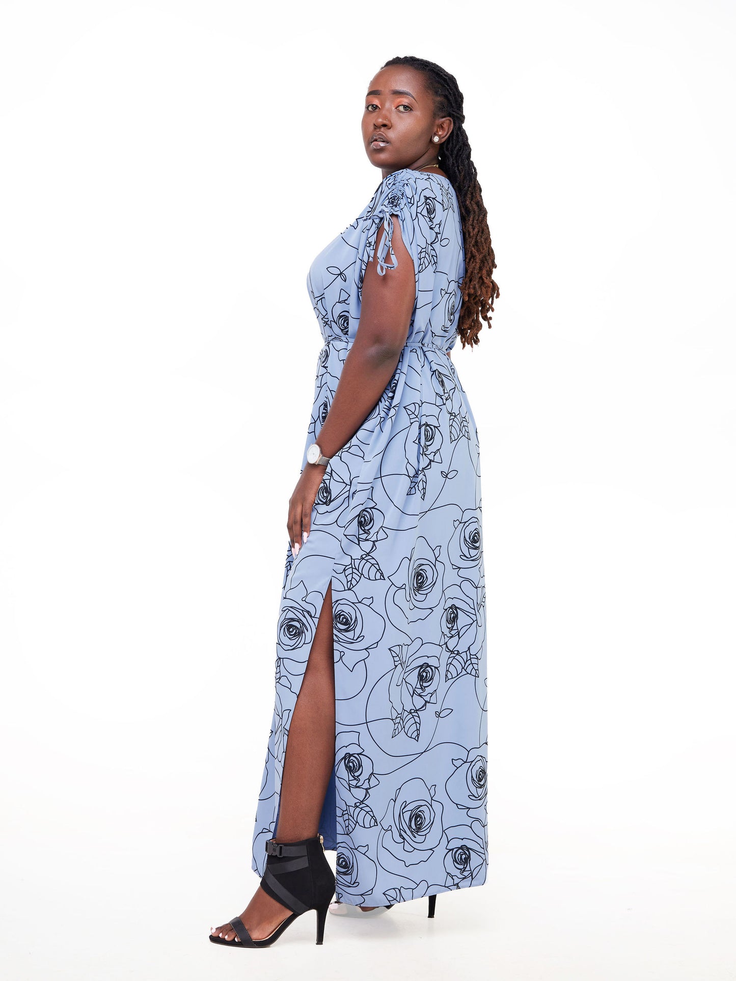 Vivo Dali Drawstring Shoulder Maxi Dress - Light Blue / Black Rose Abstract Print