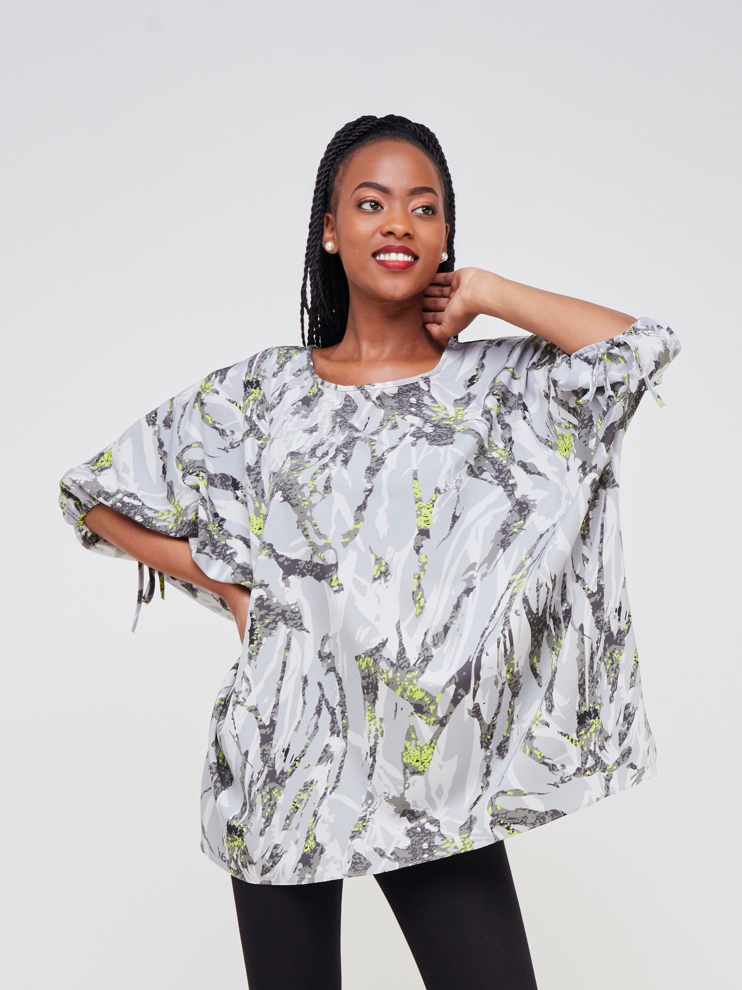 Vivo Dali Drop Shoulder Tie Top - Grey / Lime Green Abstract Print