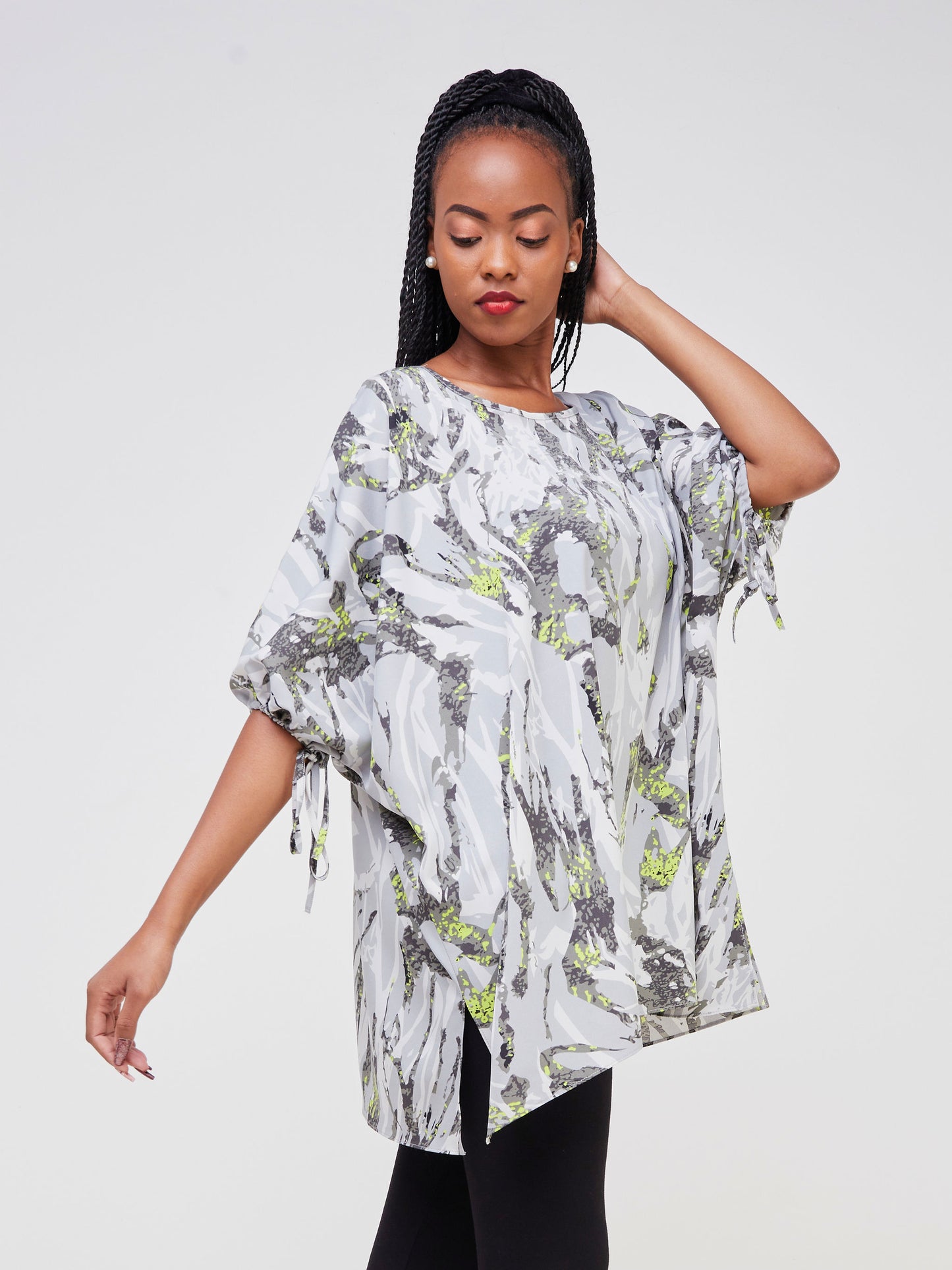 Vivo Dali Drop Shoulder Tie Top - Grey / Lime Green Abstract Print