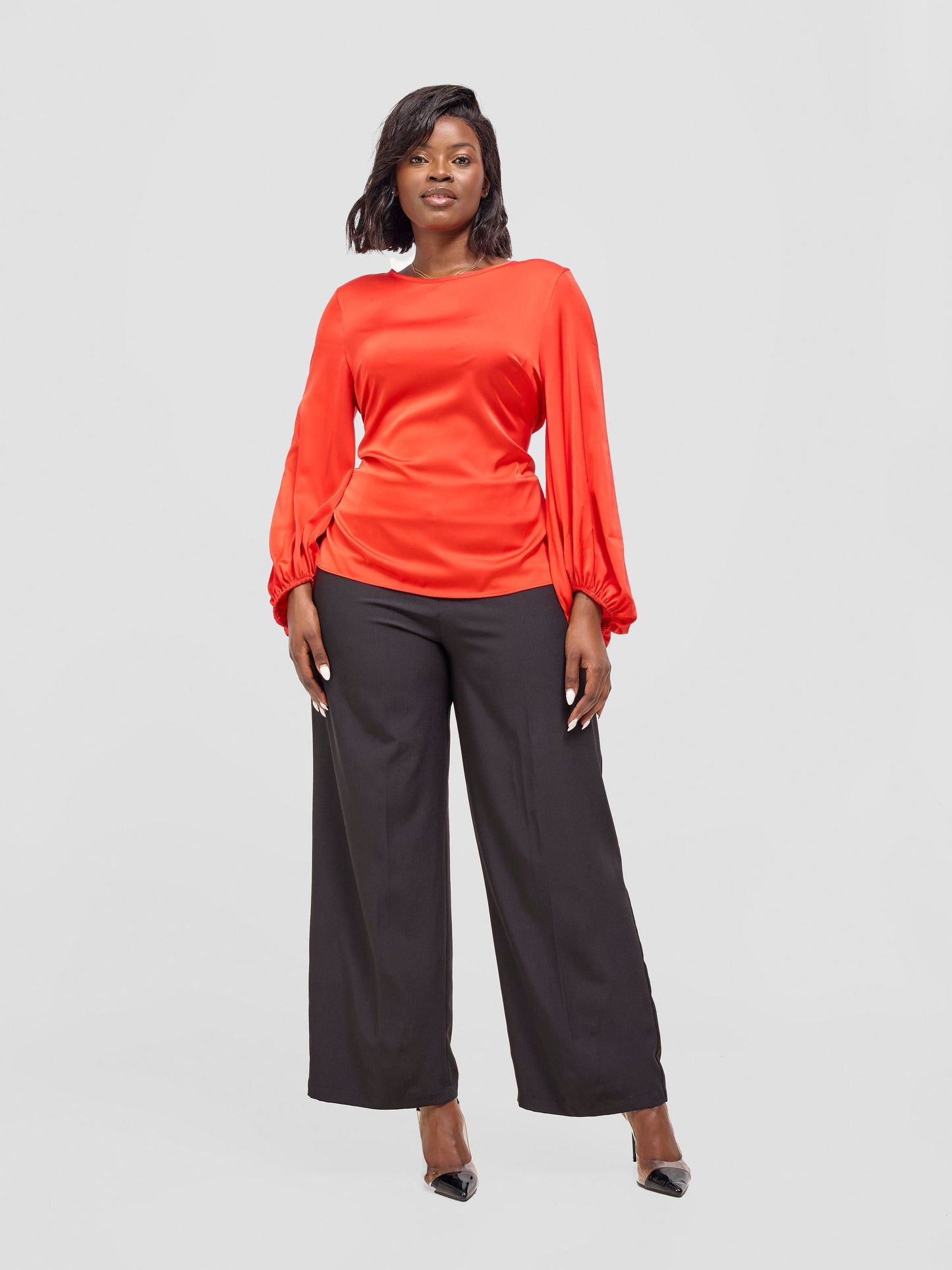 Vivo Basic Izzy Satin Bishop Sleeve Top - Red
