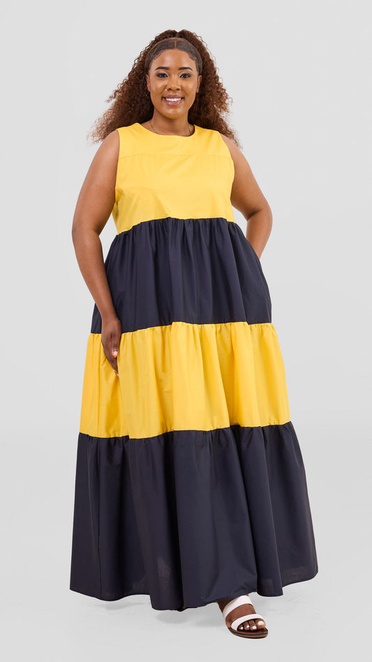 Safari Solana Sleeveless Tiered Maxi Dress - Yellow / Navy