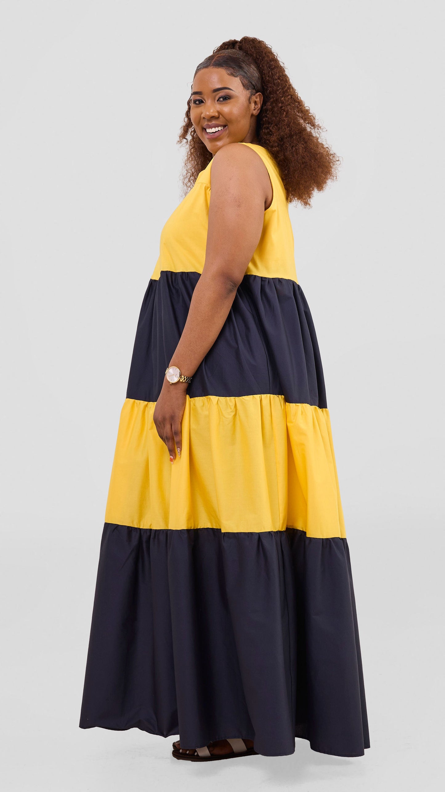 Safari Solana Sleeveless Tiered Maxi Dress - Yellow / Navy