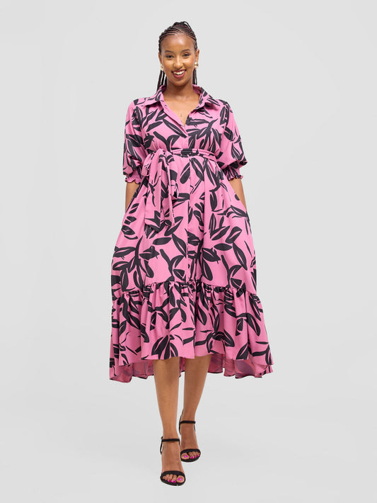 Vivo Serwa Flounce Dress - Pink / Black Kele Print