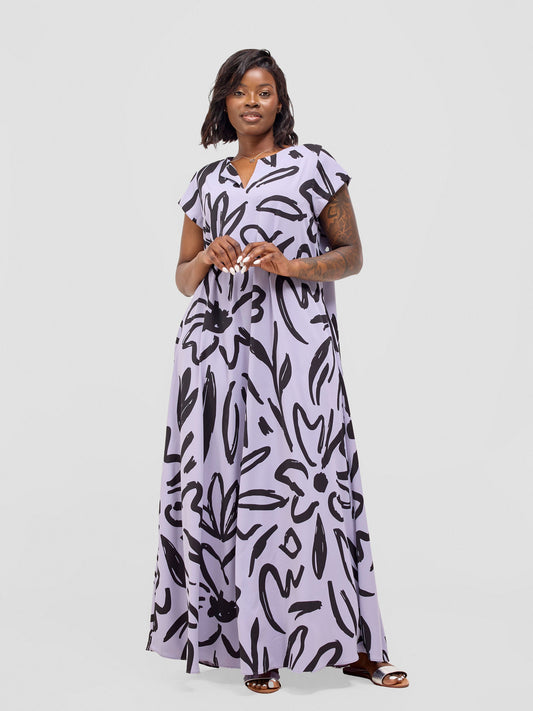 Vivo Zola V Neck Cap Sleeve Maxi Dress - Light lilac / Black Hesi Print