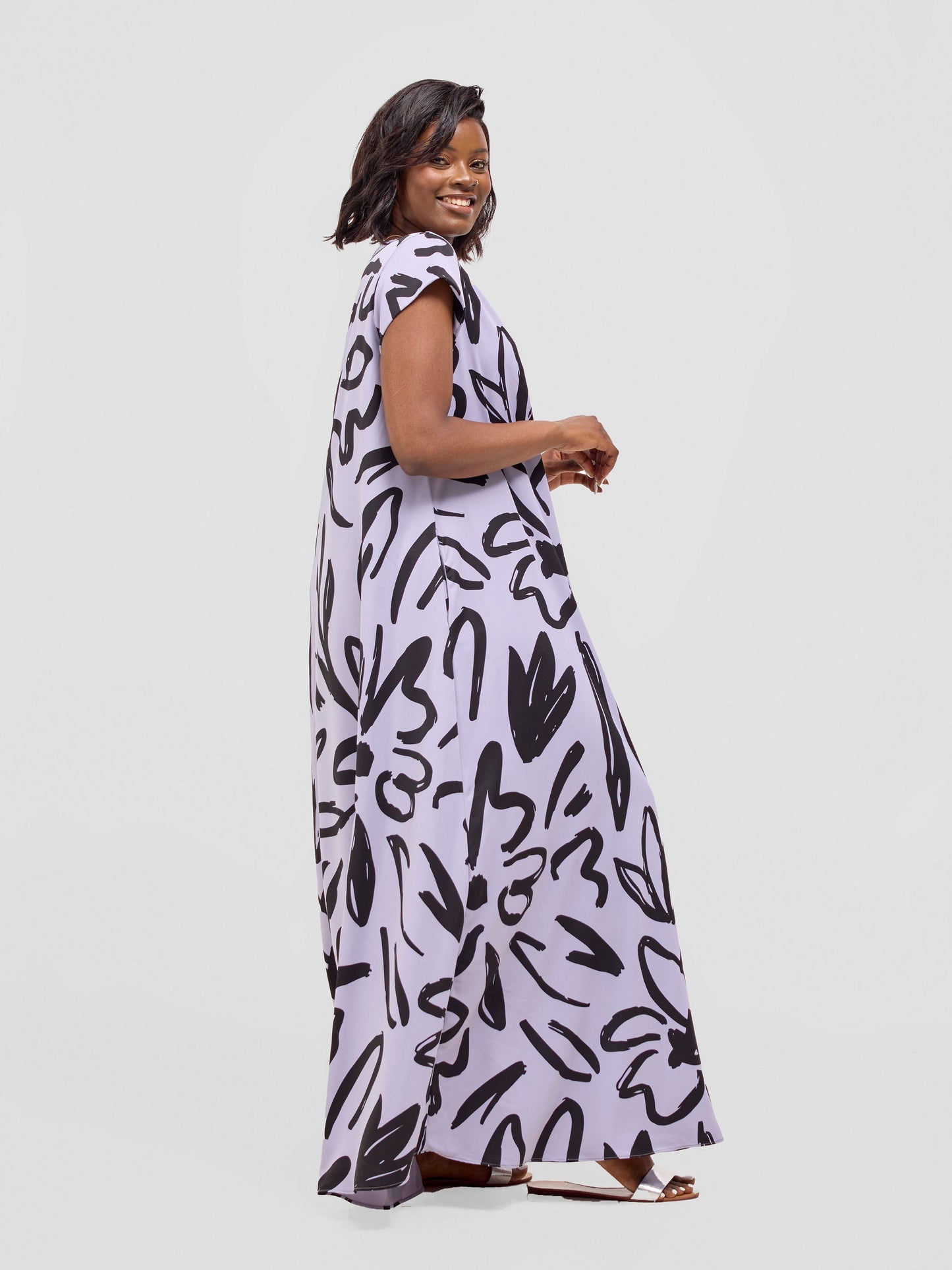 Vivo Zola V Neck Cap Sleeve Maxi Dress - Light lilac / Black Hesi Print