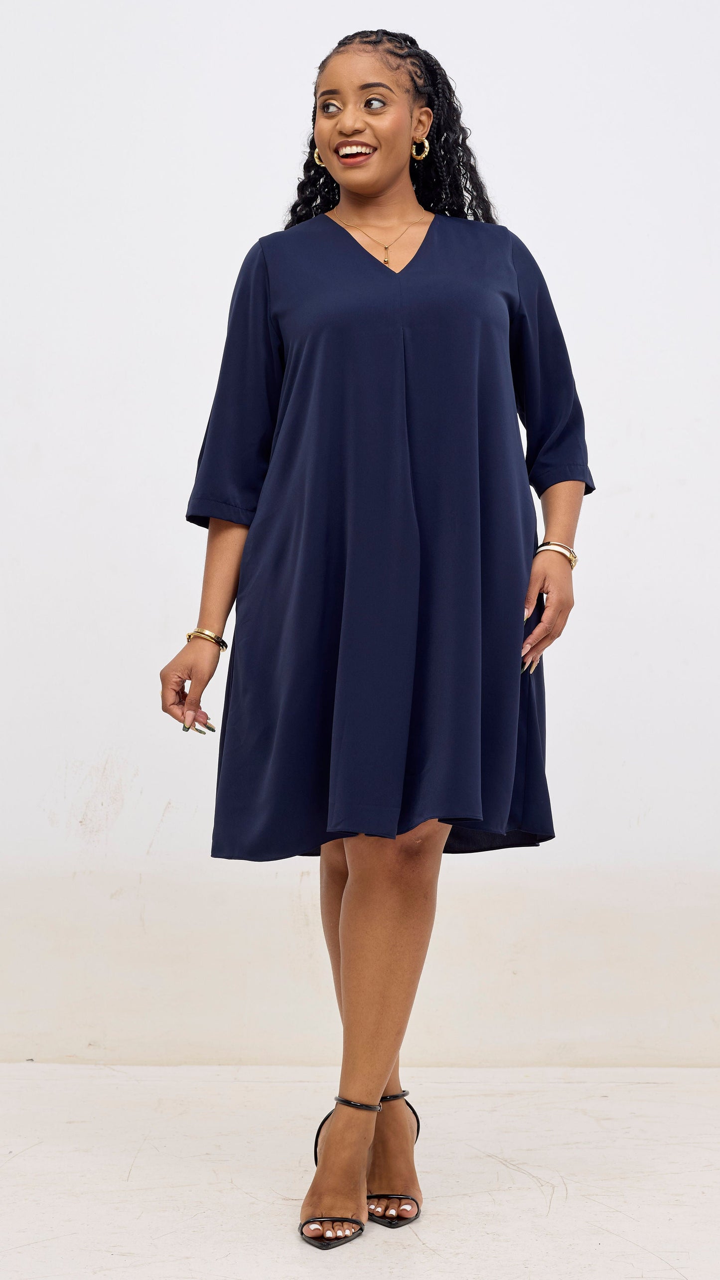 Vivo Kani 3/4 Sleeve Knee Length Dress - Navy