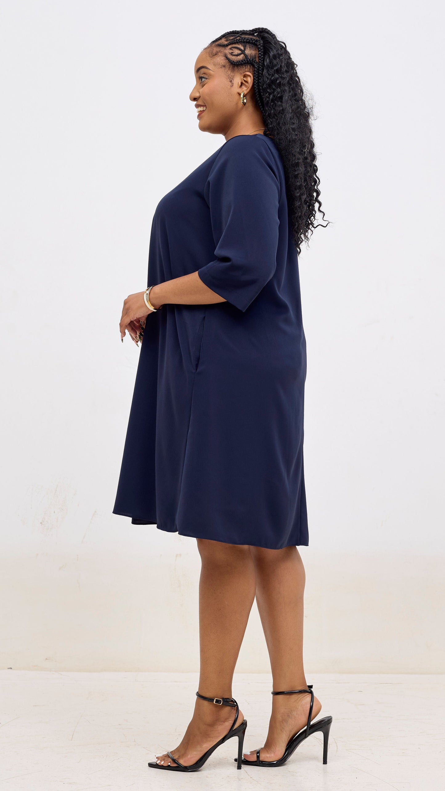 Vivo Kani 3/4 Sleeve Knee Length Dress - Navy