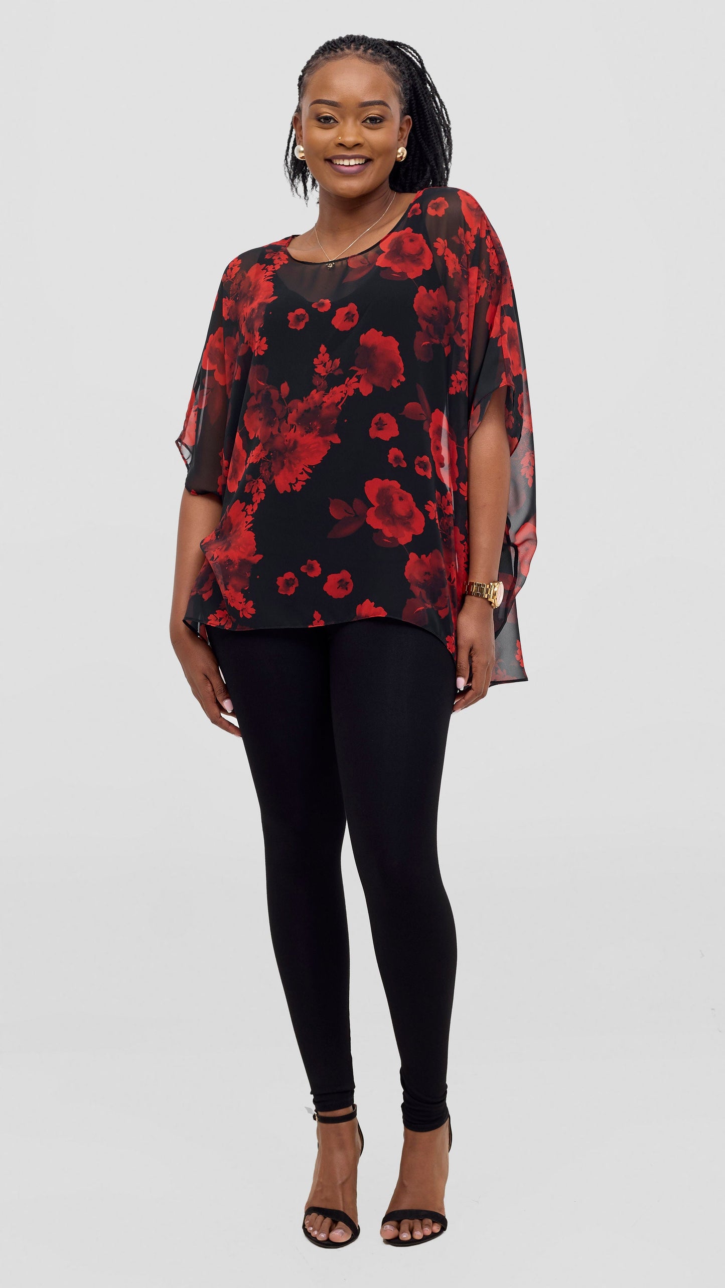 Vivo Ayana Wide High Low Top - Black / Red Flowers Print