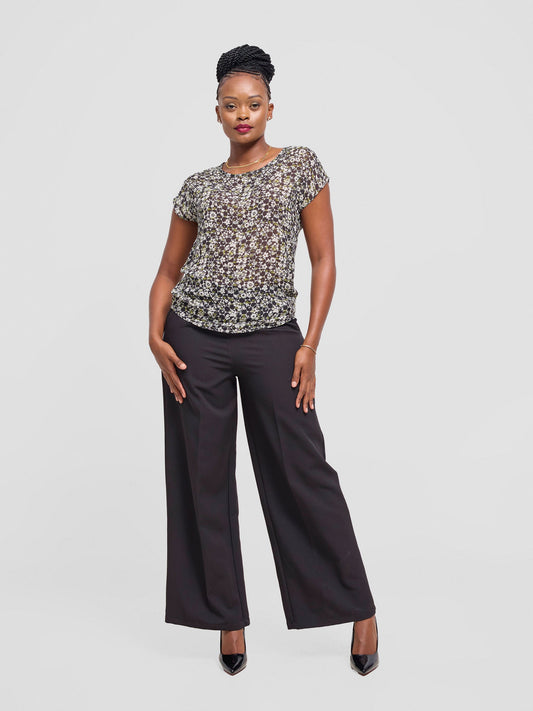 Vivo Basic Chiffon Dropped Shoulder Top - Black / Green Lora Print
