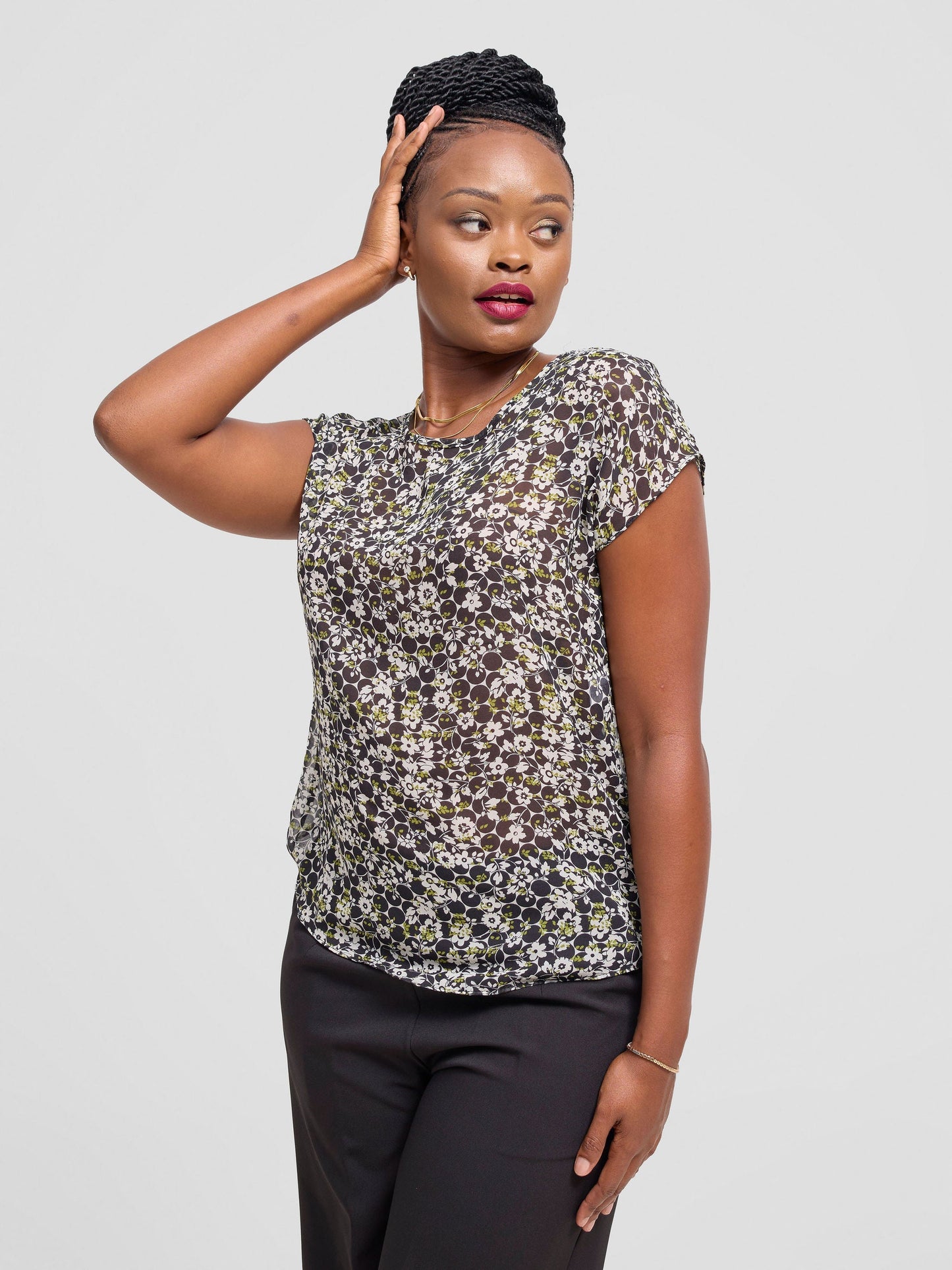 Vivo Basic Chiffon Dropped Shoulder Top - Black / Green Lora Print