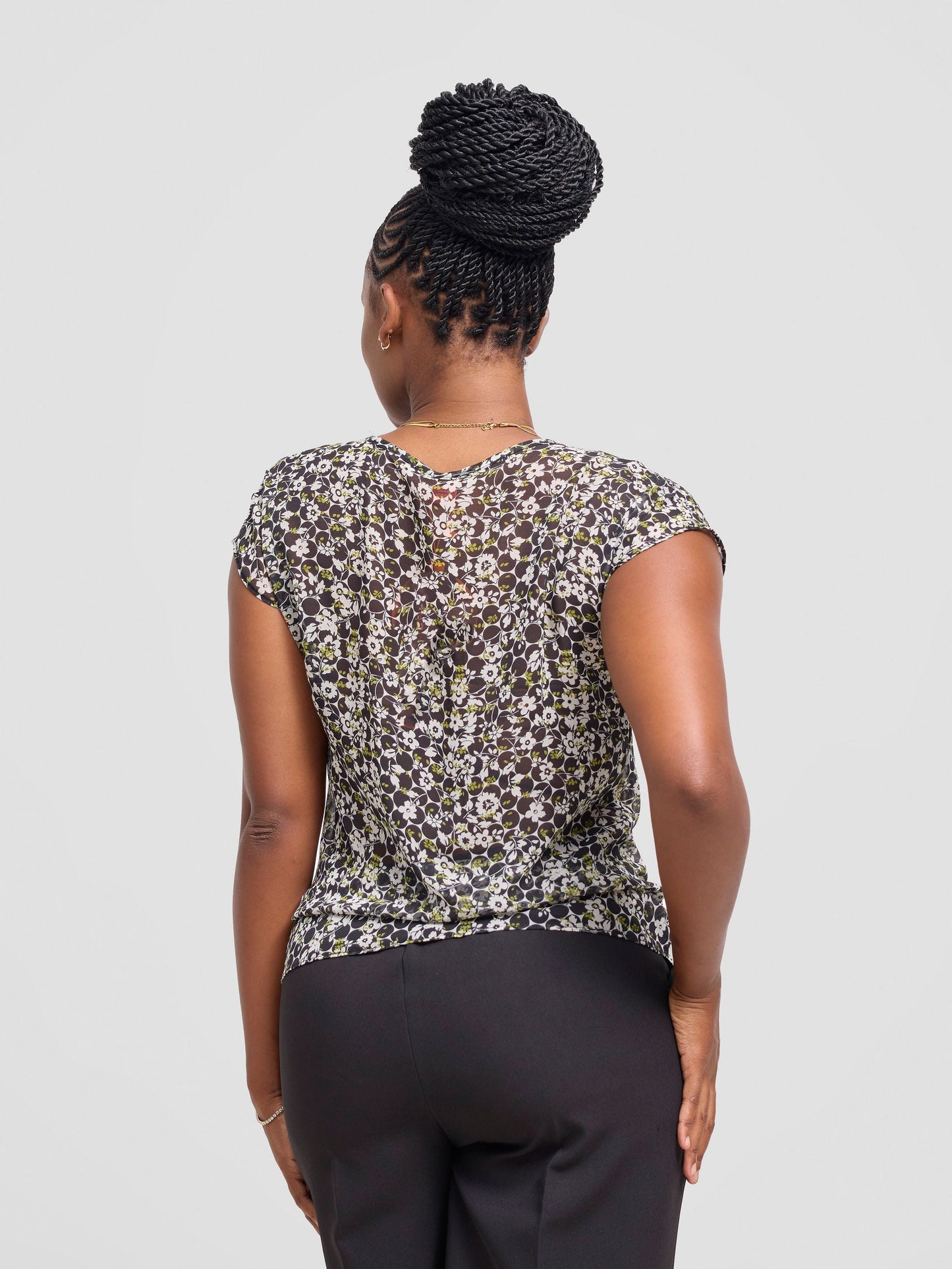 Vivo Basic Chiffon Dropped Shoulder Top - Black / Green Lora Print