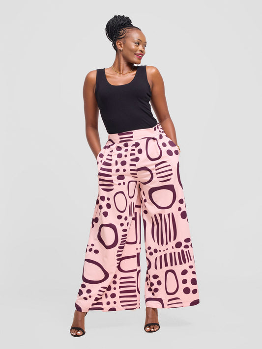 Vivo Ayla Crepe Pants - Pink / Burgundy Hawa Print