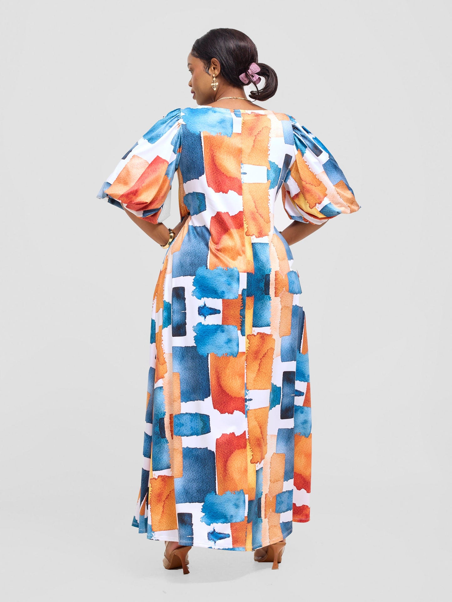 Vivo Nkasi Bubble Sleeve Maxi Dress - Orange / Teal Wenzi Print