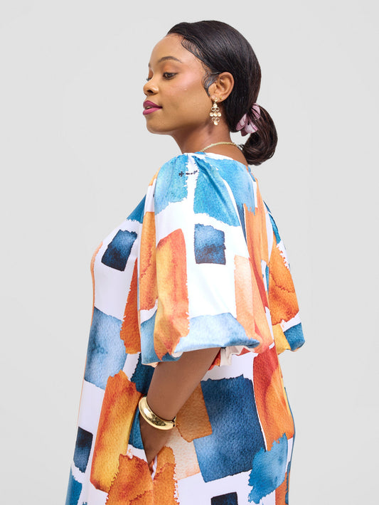 Vivo Nkasi Bubble Sleeve Maxi Dress - Orange / Teal Wenzi Print