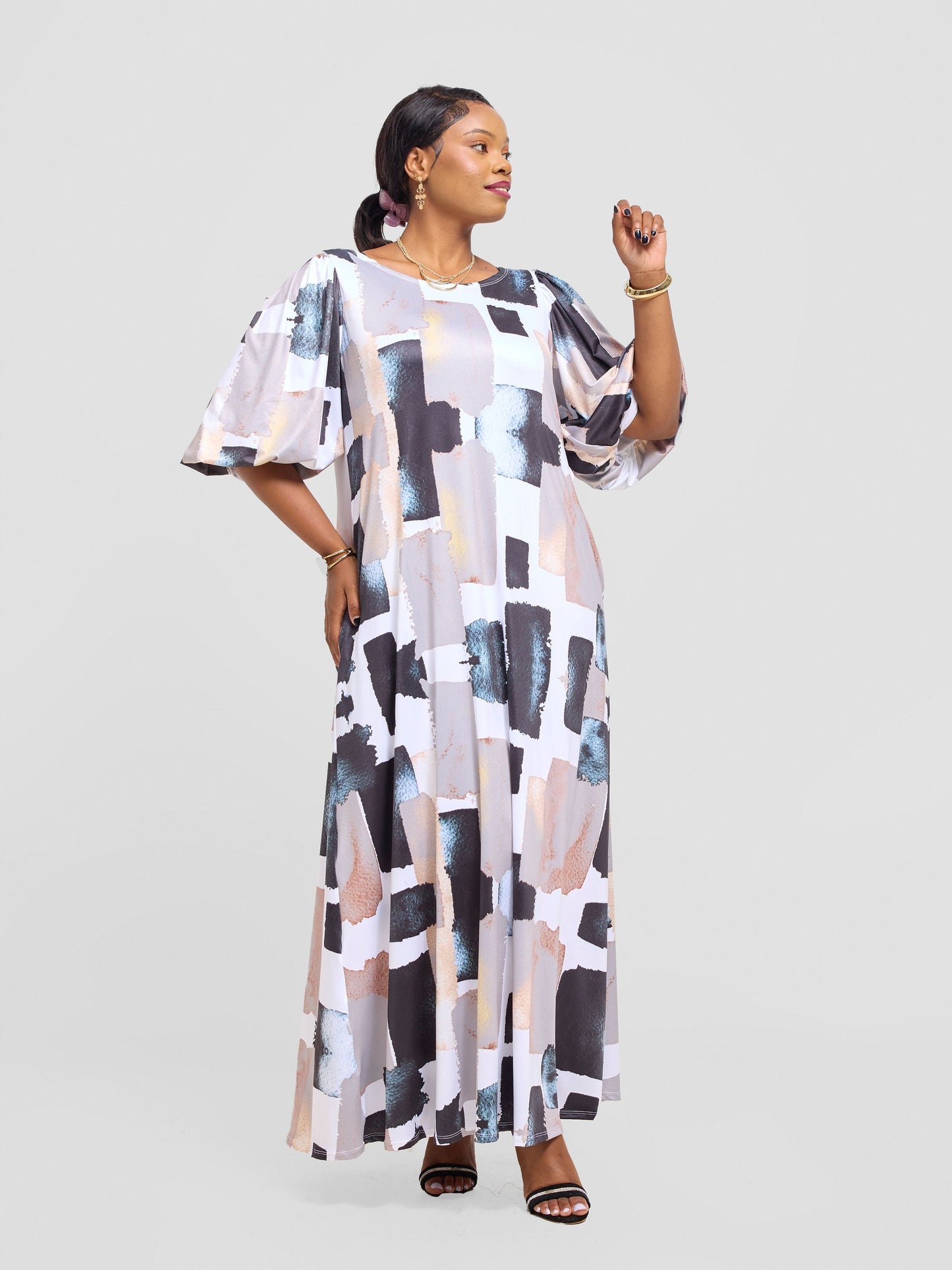 Vivo Nkasi Bubble Sleeve Maxi Dress - Taupe / Black Wenzi Print