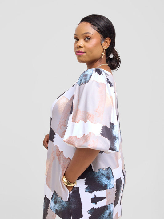 Vivo Nkasi Bubble Sleeve Maxi Dress - Taupe / Black Wenzi Print