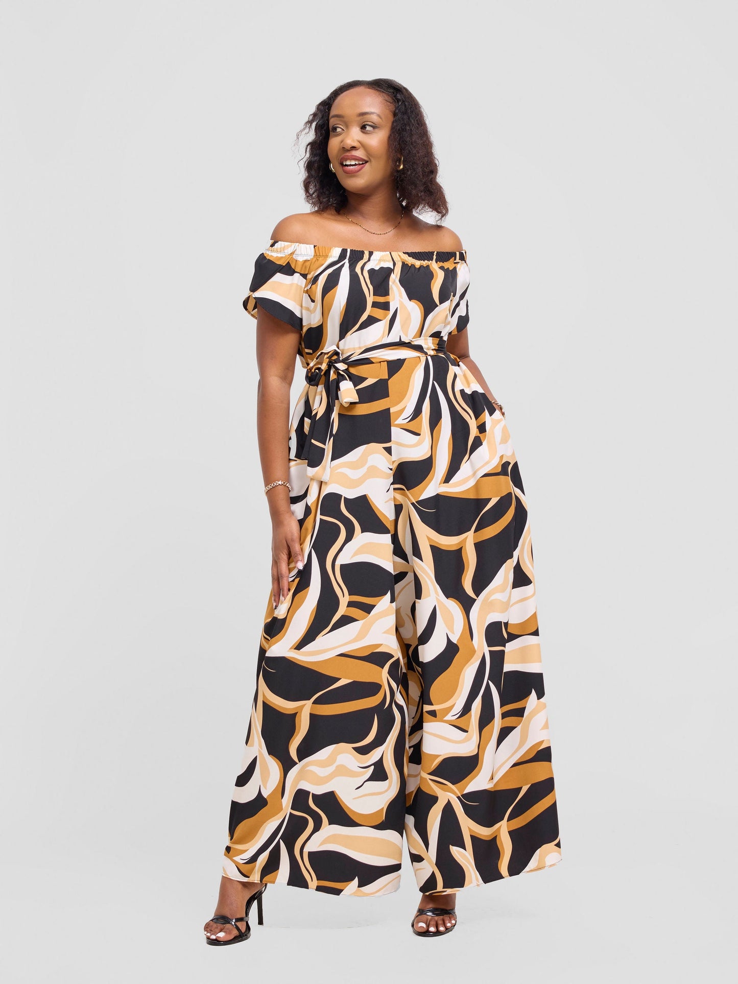 Vivo Dalia Off Shoulder Jumpsuit - Black / Tan Alia Print