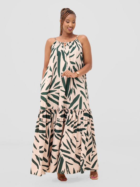 Vivo Sarabi Strappy Flounce Maxi Dress - Cream / Dark Green Mtelo Print
