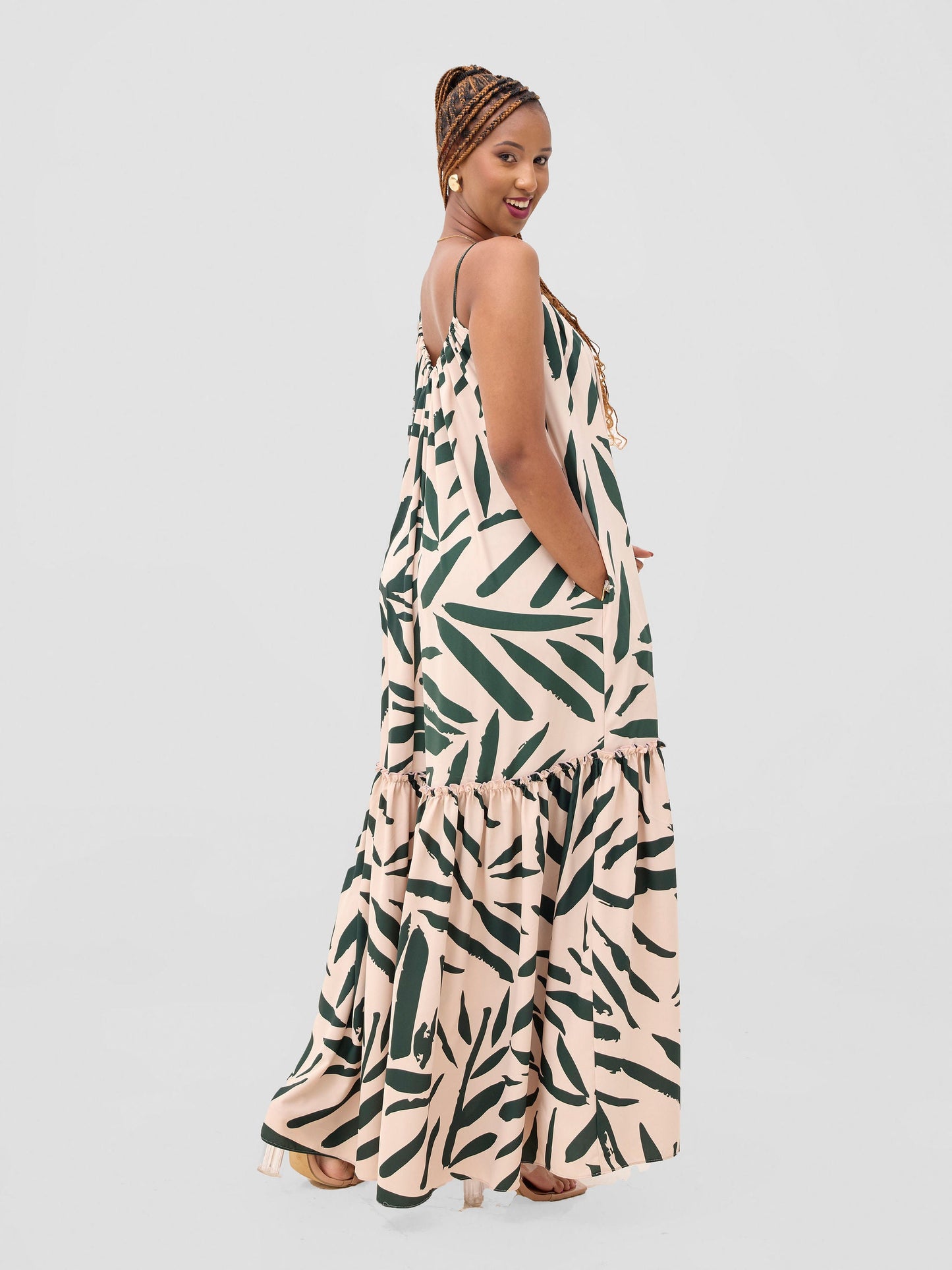 Vivo Sarabi Strappy Flounce Maxi Dress - Cream / Dark Green Mtelo Print