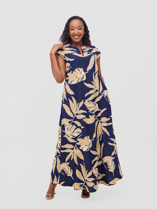 Vivo Zola V Neck Cap Sleeve Maxi Dress - Dark Navy / Taupe Print